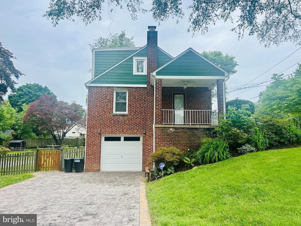 6 E Hamilton Ave, Silver Spring, MD 20901 - view of front of home with brick siding, an attached garage, decorative driveway, a chimney, and a ceiling fan