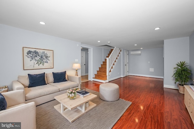 6 E Hamilton Ave, Silver Spring, MD 20901 - living room with an AC wall unit, stairs, wood finished floors, baseboards, and recessed lighting