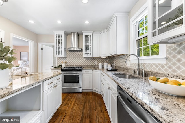 10510 Vincent Rd, White Marsh, MD 21162 - kitchen featuring wall chimney range hood, stainless steel appliances, white cabinets, and recessed lighting