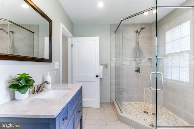 10510 Vincent Rd, White Marsh, MD 21162 - bathroom with a stall shower, vanity, tile patterned flooring, and recessed lighting