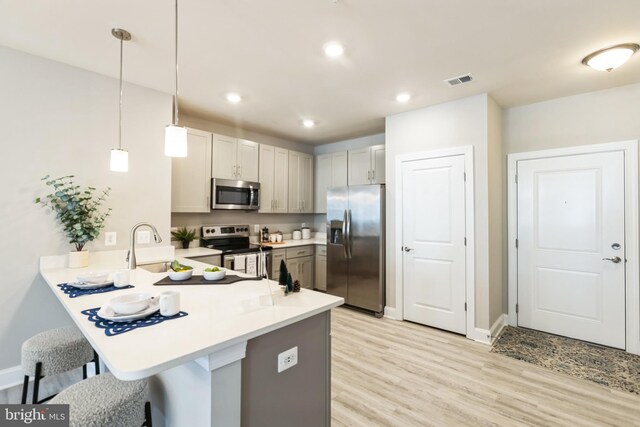 406-203 Bold Ruler Ct, Havre De Grace, MD 21078 - kitchen featuring stainless steel appliances, a kitchen breakfast bar, light wood-style floors, a peninsula, and light countertops