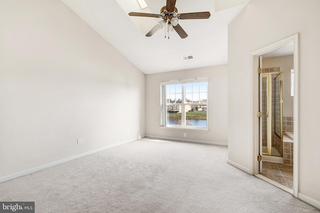 9207 Cascade Falls Dr, Bristow, VA 20136 - carpeted spare room with baseboards, ceiling fan, a water view, and high vaulted ceiling