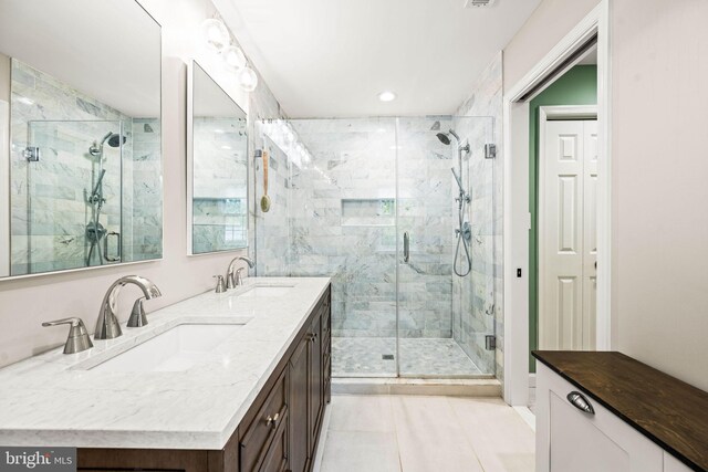 3311 Cameron Mills Rd, Alexandria, VA 22302 - full bathroom with a shower stall, double vanity, tile patterned floors, and recessed lighting