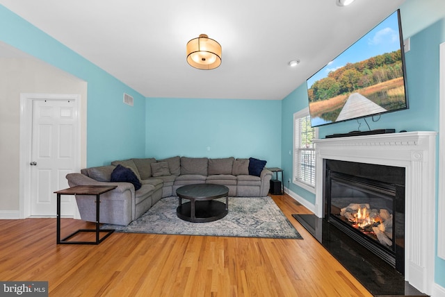 143 Oak St, Bridgewater, NJ 08807 - living area featuring wood finished floors, a glass covered fireplace, and baseboards