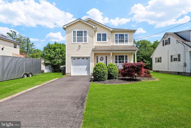 143 Oak St, Bridgewater, NJ 08807 - traditional-style house featuring a garage, a front yard, asphalt driveway, and a porch
