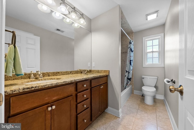 143 Oak St, Bridgewater, NJ 08807 - bathroom featuring double vanity, toilet, shower / bath combo, baseboards, and tile patterned floors