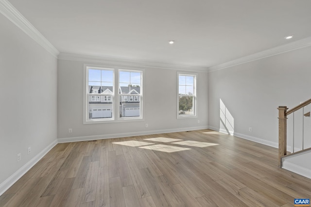 3615 Hilah Ln, Charlottesville, VA 22901 - unfurnished living room featuring stairs, ornamental molding, light wood-type flooring, baseboards, and recessed lighting