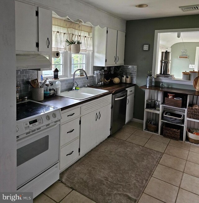 102 Northside Rd, Elverson, PA 19520 - kitchen with white range with electric stovetop, stainless steel dishwasher, under cabinet range hood, a sink, and dark countertops
