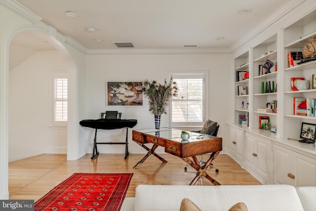 1914 35th St NW, Washington, DC 20007 - office space with healthy amount of natural light, crown molding, arched walkways, light wood-style floors, and built in shelves