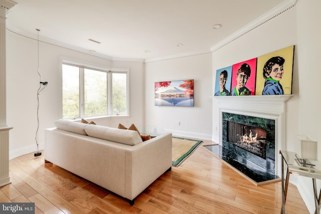 1914 35th St NW, Washington, DC 20007 - living room with a fireplace, ornamental molding, and light wood-style floors