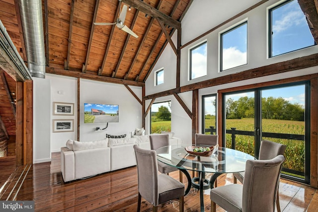 820 Spring Hill Rd, Riegelsville, PA 18077 - dining room with wooden ceiling with exposed beams, high vaulted ceiling, hardwood / wood-style flooring, and baseboards