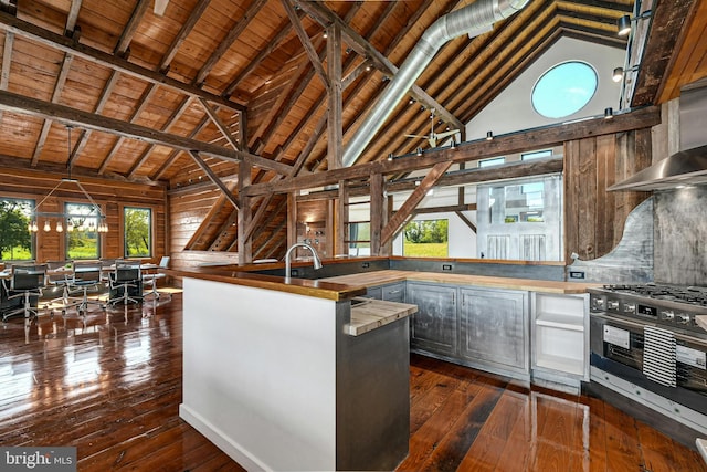 820 Spring Hill Rd, Riegelsville, PA 18077 - kitchen with wooden ceiling with exposed beams, butcher block countertops, dark wood finished floors, gas stove, and pendant lighting