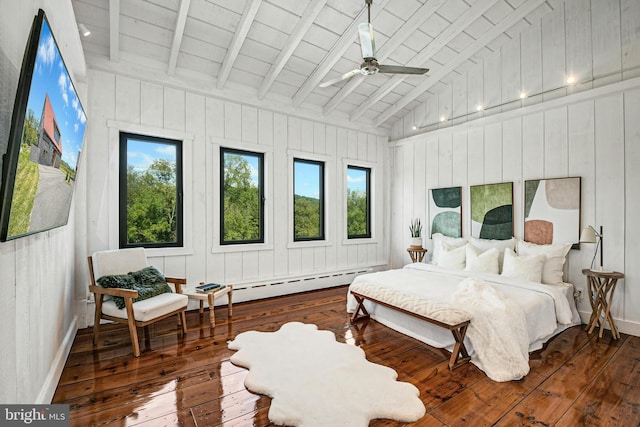 820 Spring Hill Rd, Riegelsville, PA 18077 - bedroom featuring hardwood / wood-style floors, multiple windows, baseboard heating, wood walls, and wood ceiling