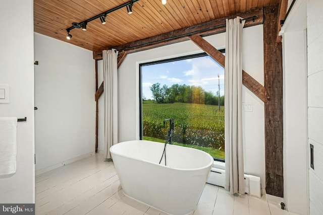 820 Spring Hill Rd, Riegelsville, PA 18077 - bathroom with a freestanding tub, wooden ceiling, and rail lighting