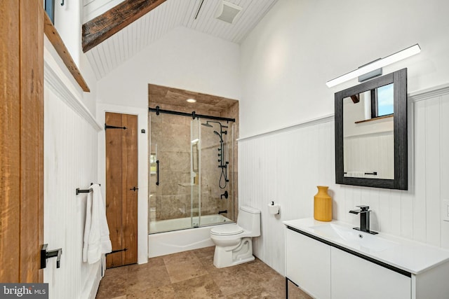 820 Spring Hill Rd, Riegelsville, PA 18077 - full bathroom with vanity, toilet, shower / bath combination with glass door, lofted ceiling, and wainscoting