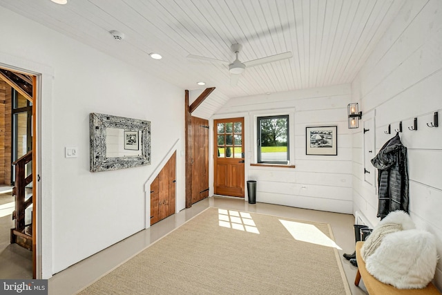 820 Spring Hill Rd, Riegelsville, PA 18077 - foyer entrance with ceiling fan, recessed lighting, wood ceiling, and wooden walls
