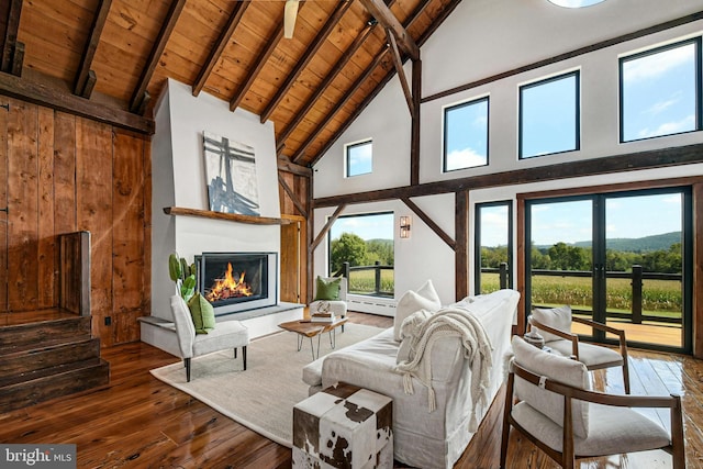 820 Spring Hill Rd, Riegelsville, PA 18077 - living room with wood ceiling with exposed beams, wood-type flooring, high vaulted ceiling, and a glass covered fireplace