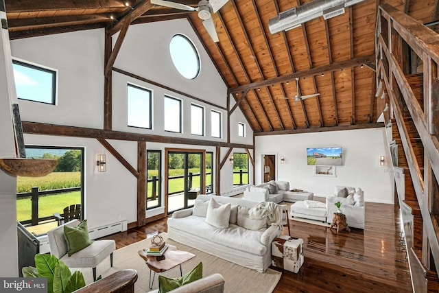 820 Spring Hill Rd, Riegelsville, PA 18077 - living area with a baseboard heating unit, high vaulted ceiling, hardwood / wood-style floors, wooden ceiling with exposed beams, and plenty of natural light