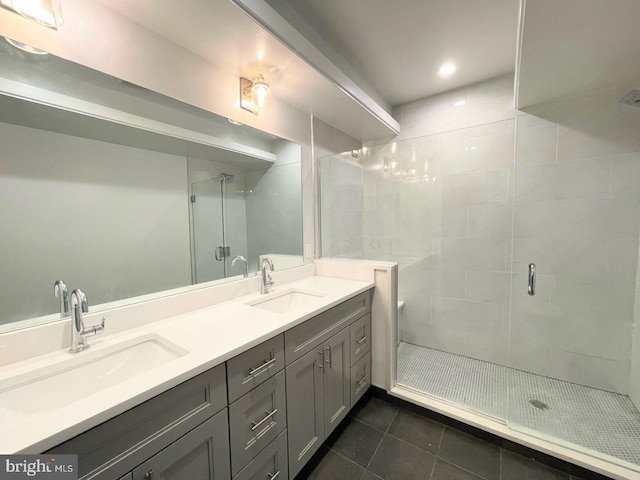 1337 N Franklin St, Philadelphia, PA 19122 - full bathroom with tile patterned floors, a shower stall, and double vanity