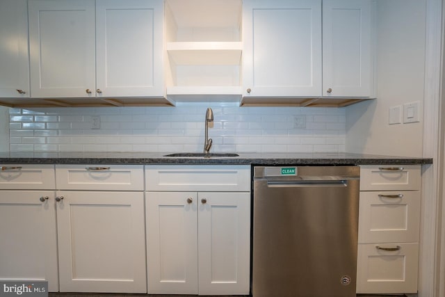 1380 Putnam Blvd Unit 4, Wallingford, PA 19086 - kitchen with stainless steel dishwasher, a sink, open shelves, and white cabinetry