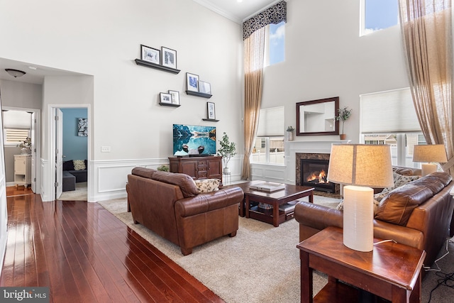 318 Windsor Rd, Mullica Hill, NJ 08062 - living room with hardwood / wood-style floors, a towering ceiling, a fireplace, crown molding, and wainscoting