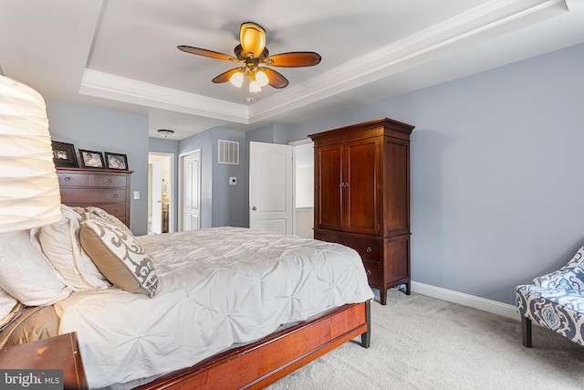 318 Windsor Rd, Mullica Hill, NJ 08062 - bedroom with a raised ceiling, light colored carpet, baseboards, connected bathroom, and ornamental molding