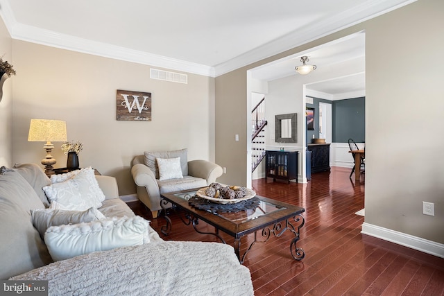 318 Windsor Rd, Mullica Hill, NJ 08062 - living room featuring stairway, crown molding, baseboards, and wood finished floors