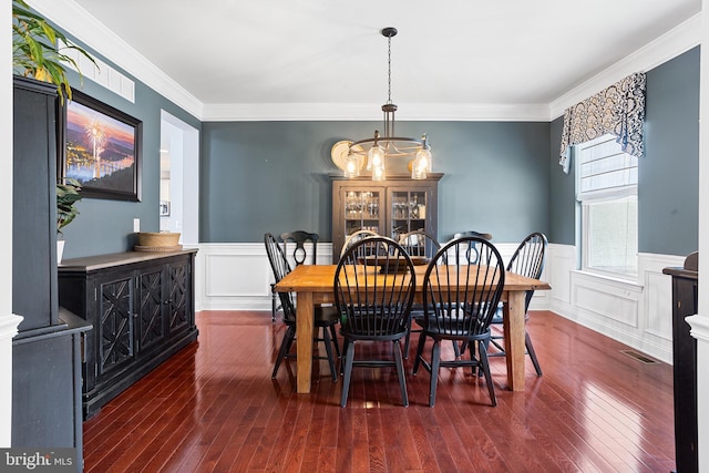 318 Windsor Rd, Mullica Hill, NJ 08062 - dining area with hardwood / wood-style floors, wainscoting, crown molding, a decorative wall, and a chandelier