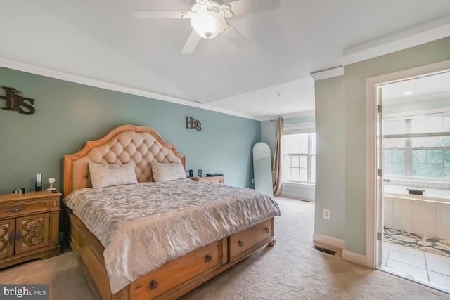 3627 Singleton Ter, Frederick, MD 21704 - bedroom featuring light carpet, ornamental molding, baseboards, lofted ceiling, and ceiling fan
