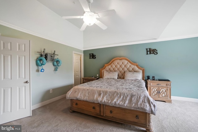 3627 Singleton Ter, Frederick, MD 21704 - bedroom featuring carpet, vaulted ceiling, baseboards, crown molding, and a ceiling fan