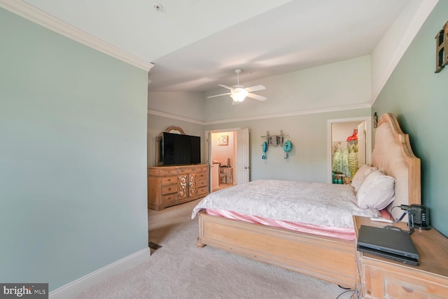 3627 Singleton Ter, Frederick, MD 21704 - bedroom featuring carpet floors, ornamental molding, baseboards, lofted ceiling, and a ceiling fan