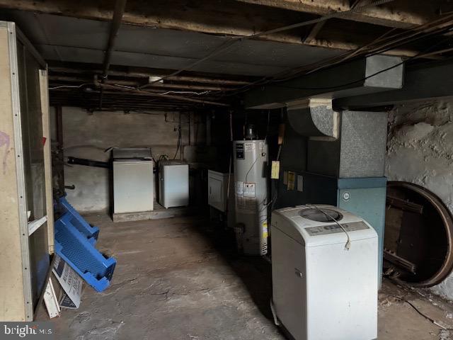 1232 S 11th St, Philadelphia, PA 19147 - unfinished basement featuring washer / clothes dryer, gas water heater, and refrigerator