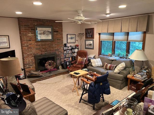 1469 Cathys Ln, North Wales, PA 19454 - living room featuring ceiling fan, a brick fireplace, and recessed lighting