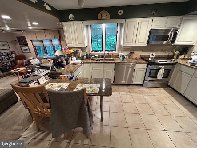 1469 Cathys Ln, North Wales, PA 19454 - kitchen featuring appliances with stainless steel finishes, a ceiling fan, white cabinetry, dark stone countertops, and recessed lighting