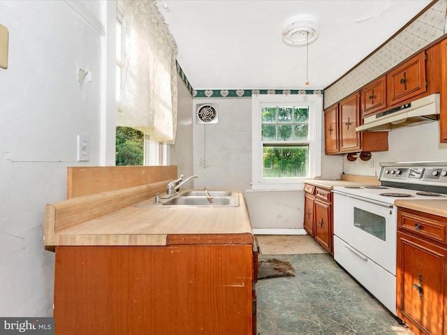 23419 Spire St, Clarksburg, MD 20871 - kitchen with white range with electric stovetop, under cabinet range hood, a sink, light countertops, and brown cabinets