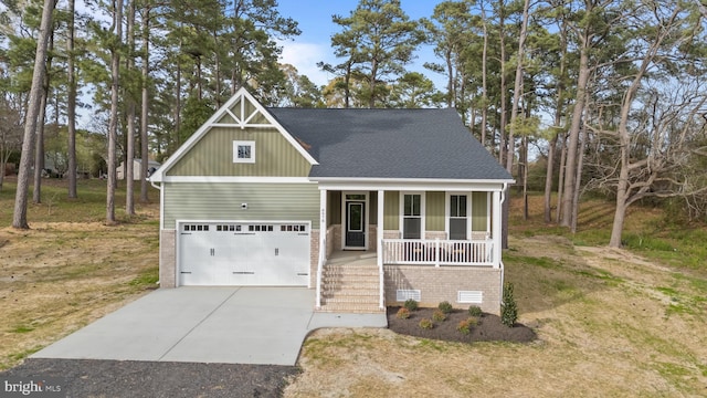 6978 Bray Rd, Hayes, VA 23072 - craftsman house with a porch, concrete driveway, roof with shingles, an attached garage, and stairs