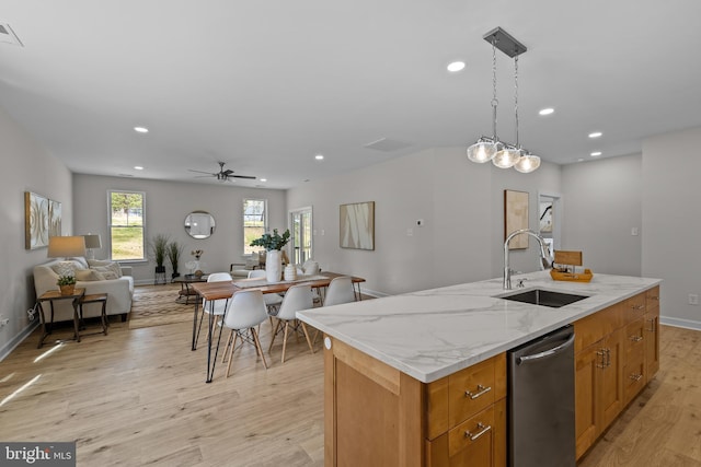 6978 Bray Rd, Hayes, VA 23072 - kitchen with a sink, stainless steel dishwasher, open floor plan, light wood-type flooring, and a ceiling fan