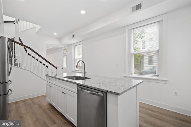 1615 5th St NW, Washington, DC 20001 - kitchen with stainless steel appliances, a sink, wood finished floors, white cabinetry, and healthy amount of natural light