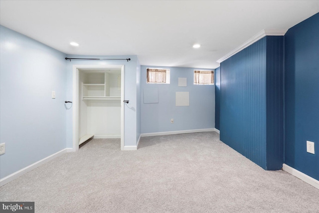57 E Heath St, Baltimore, MD 21230 - below grade area with carpet flooring, ornamental molding, baseboards, and recessed lighting