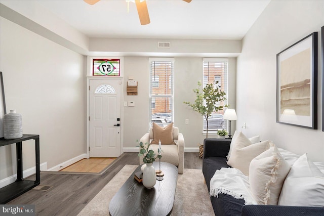 57 E Heath St, Baltimore, MD 21230 - living area featuring wood finished floors, a ceiling fan, and baseboards