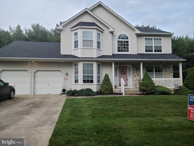 55 Glen Burnie Dr, Sicklerville, NJ 08081 - view of front facade featuring concrete driveway, an attached garage, a porch, a front yard, and a shingled roof