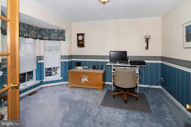 55 Glen Burnie Dr, Sicklerville, NJ 08081 - office area featuring carpet flooring, wallpapered walls, a wainscoted wall, and crown molding