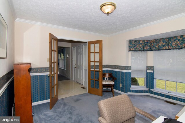 55 Glen Burnie Dr, Sicklerville, NJ 08081 - sitting room with carpet flooring, a wainscoted wall, wallpapered walls, a textured ceiling, and french doors