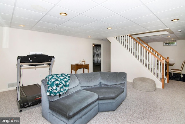 55 Glen Burnie Dr, Sicklerville, NJ 08081 - carpeted living area with stairs, recessed lighting, baseboards, and a drop ceiling