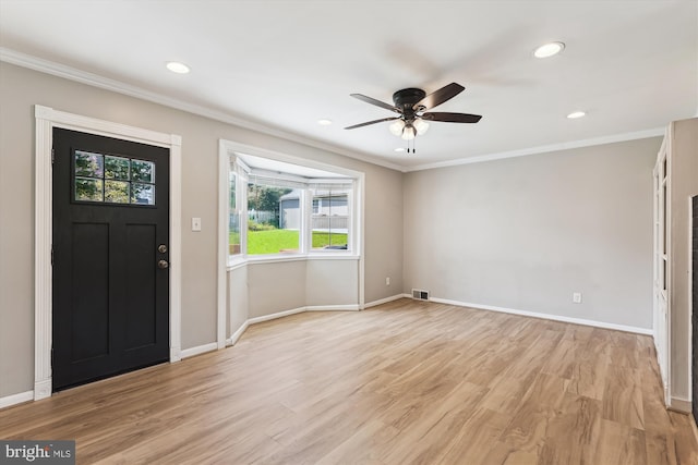 5214 Juliet St, Springfield, VA 22151 - foyer entrance featuring crown molding, recessed lighting, light wood-style floors, and a ceiling fan