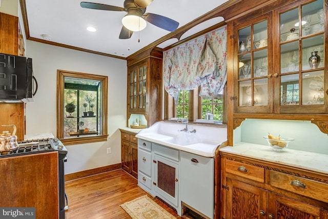 2305 S Inge St S, Arlington, VA 22202 - kitchen with stainless steel gas stove, light wood-style floors, baseboards, ornamental molding, and light countertops