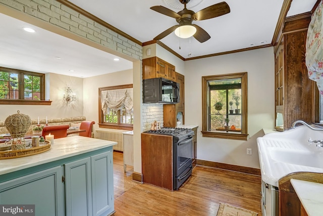 2305 S Inge St S, Arlington, VA 22202 - kitchen with black appliances, radiator, healthy amount of natural light, light wood finished floors, and crown molding