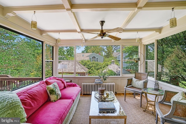 2305 S Inge St S, Arlington, VA 22202 - sunroom featuring radiator heating unit, an outdoor hangout area, coffered ceiling, a ceiling fan, and beamed ceiling