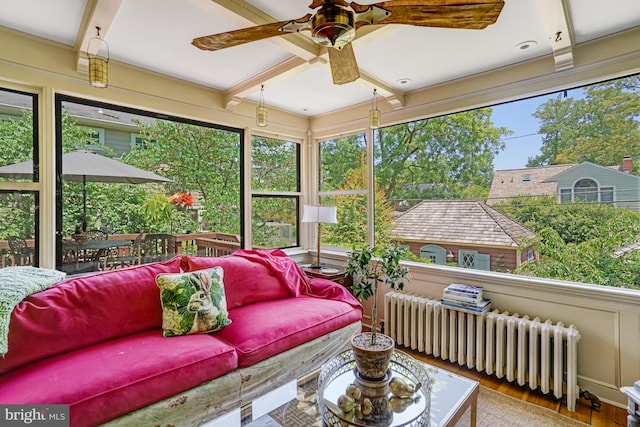 2305 S Inge St S, Arlington, VA 22202 - sunroom / solarium featuring radiator, outdoor lounge area, a ceiling fan, and beamed ceiling