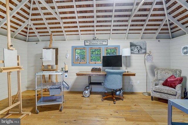 2305 S Inge St S, Arlington, VA 22202 - office with hardwood / wood-style floors, vaulted ceiling, and wooden walls